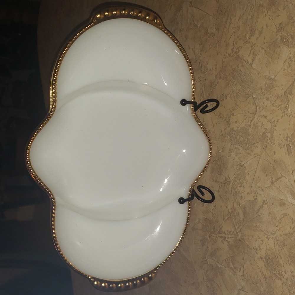 Mid-Century Fire King Oven Ware Milk glass Divided Dish With Gold Details